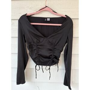 H&M Sexy Black Long-sleeve Crop Blouse Ruched Front Detail & TIes Women's XS